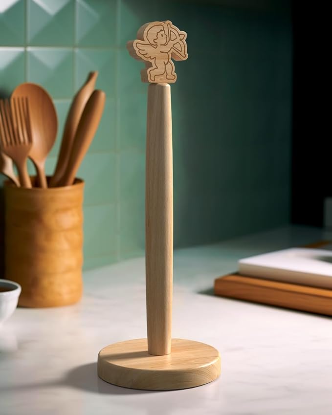 KitchLife Cute Wooden Paper Towel Holder Countertop - Solid Freestanding Paper Towel Dispenser Stand Organizer with Anti-Skid Base (Cupid) by OverDoorHooksKitchenSupplies