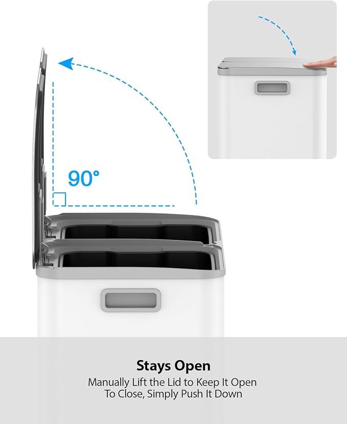 Lovewind Dual Trash and Recycling Bins for Kitchen, 2 * 11-Gallon Stainless Steel Double Trash Can, Step-On Garbage and Recycle Combo, Quiet Close, Pet-Proof, Compatible with 13-Gallon Bags, White - Image 7