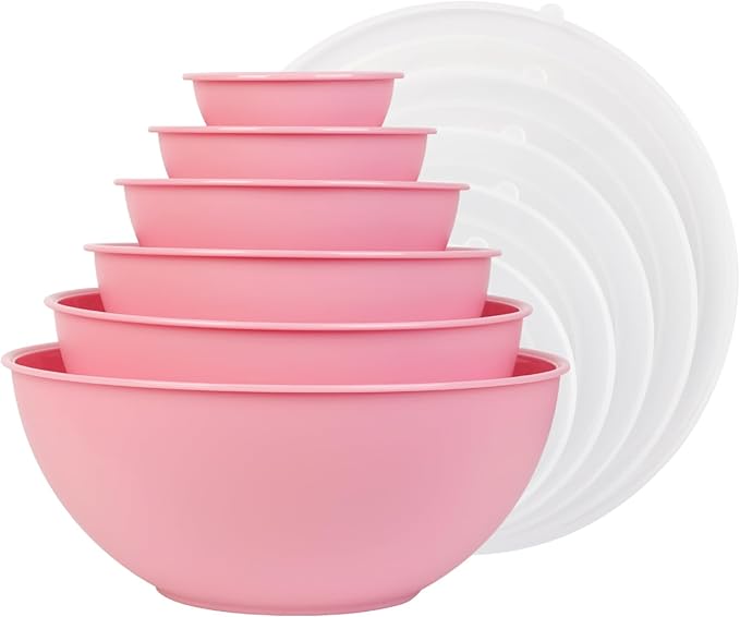 BoxedHome BPA Free Plastic Round Mixing Bowl with Lids, 12 Pack Nesting Bowls with Lids Set, Microwave and Dishwasher Safe Prep & Serving Bowls Great for Mixing, Baking, Serving (Pink, 12pcs) by BoxedHomeProducts