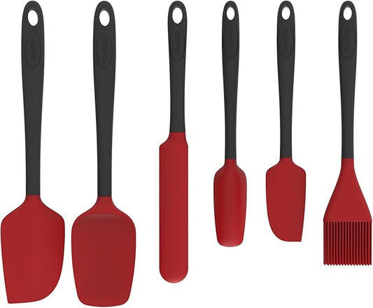 Silicone Spatula Set, 6 Pieces Food Grade Kitchen Utensils with Silicone Brush Heat Resistant Dishwasher Safe BPA-free Rubber Spatula for Scraping, Baking, Cooking, Mixing (Red)
