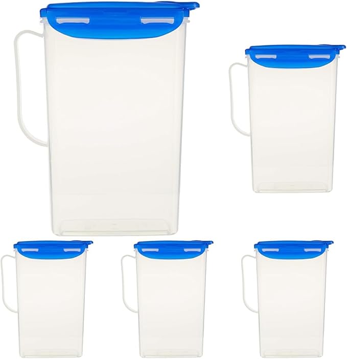 LocknLock Aqua Fridge Door Water Jug with Handle BPA Free Plastic Pitcher with Flip Top Lid Perfect for Making Teas and Juices, 2 QT, Blue (Pack of 5) by LocknLock