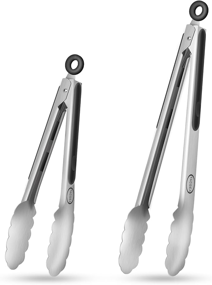 TACGEA Stainless Steel Kitchen Tongs, Silicone Non-slip Grip, Locking Grilling Food Tongs Set of 2, 9-inch & 12-inch by TACGEA