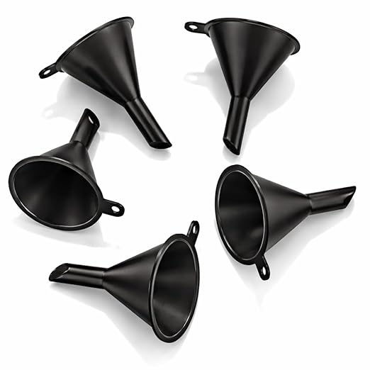 Premium Mini Funnel Small Plastic Funnel 5-Pack for Lab Bottles, Sand Art, Perfumes, Spices, Powder, Essential Oils, Recreational Activities Kitchen Food Grade - Black