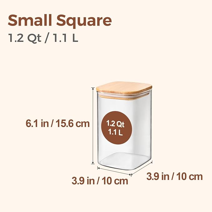 ComSaf Glass Storage Containers with Lids, 1.2 Qt Glass Jars with Lids, Clear Food Storage Jar, Canister For Pantry Cookie Flour Cereal Rice Sugar Tea Coffee Beans Spice, Square Set of 4 - Image 2