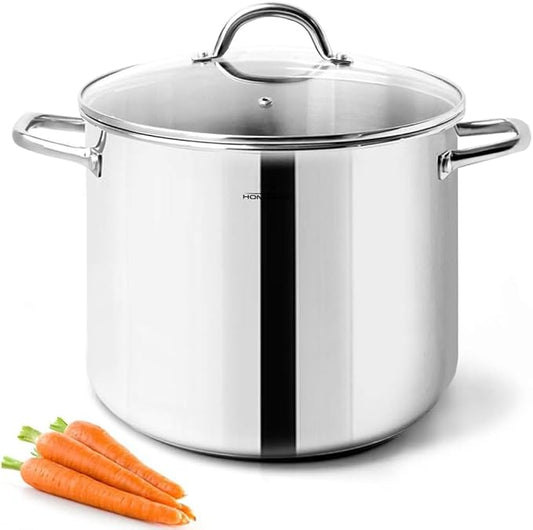 HOMICHEF 10 Quart Stock Pot With Glass Lid - Nickel Free Stainless Steel 10 Qt Pots With Handle - Mirror Polished StockPot 10 Quart - Induction Cooking Pots With Lid - Healthy Soup Pot by HOMICHEF