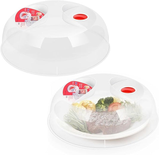 Flexzion 2 Pack 10 Inch Small Microwave Splatter Cover - BPA-Free Anti-Splatter Microwave Cover with Adjustable Steam Vent, Dishwasher Safe, Transparent Plastic Food Covers for Microwave Cooking