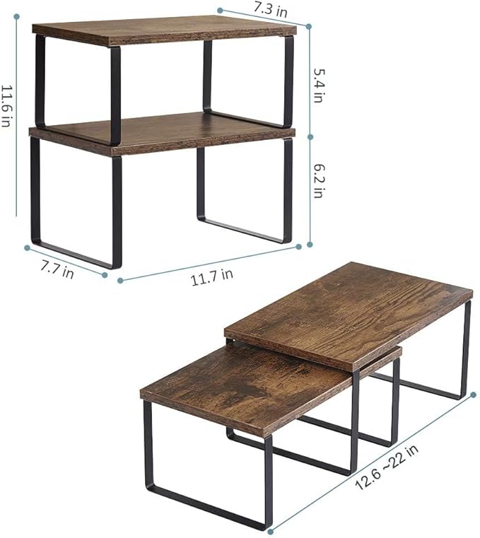 NEX Kitchen Cabinet and Counter Shelf Organizer, Shelf Riser for Pantry Countertop Cupboard Desk Top, Stackable & Expandable, Set of 4, Black and Rustic Brown - Image 3