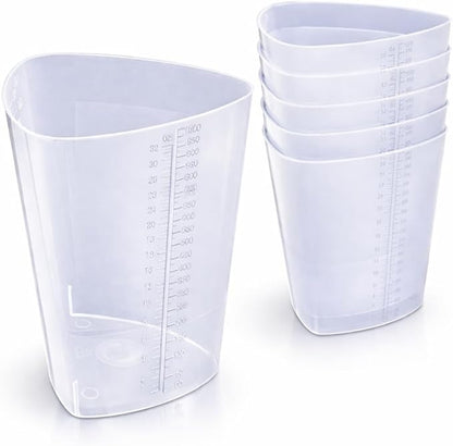 Vakly Plastic Graduated Triangular Intake Output Container [5 Pack] 32 ounce Three-Sided Translucent Laboratory Beaker for Measuring & Mixing - Clear Markings in oz & cc - for Specimen, Paint & Epoxy