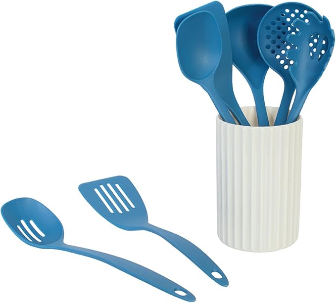 Glad Kitchen Utensils Set, 8pcs - Nonstick Cooking Tools with Utensil Holder - Nylon Spoon, Ladle, Skimmer, Spaghetti Server, and Turner Spatula Set - Dishwasher Safe, Blue - Image 3