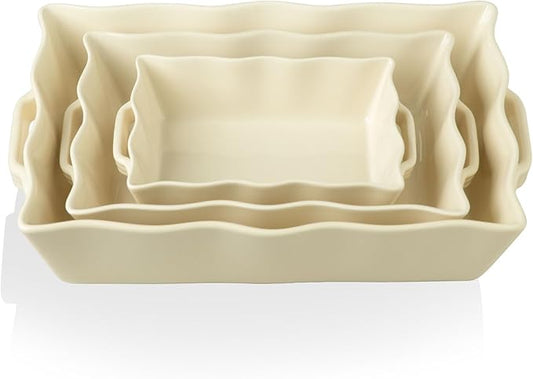 Sweejar Casserole Dishes for Oven, Ceramic Bakeware Set of 3, Rectangular Baking dish with Handles, Wave Edge Lasagna Pan Deep for Cooking, Cake, Dinner, Banquet and Daily Use (Beige) by Sweejarco1949