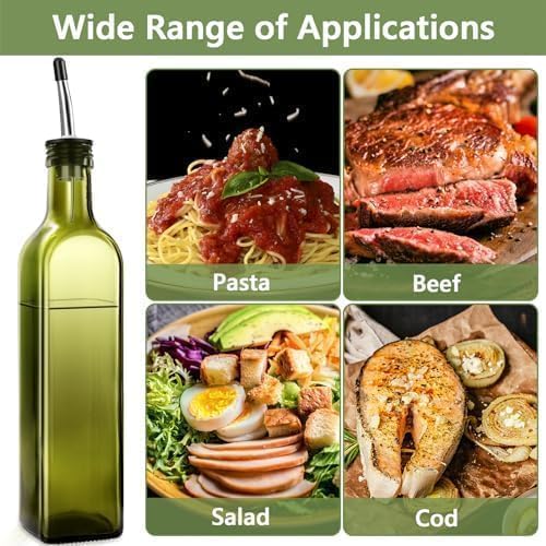 Leaflai Olive Oil Dispenser Bottle, 1 Pcs Green Glass Olive Oil Dispenser and Vinegar Dispenser Set with 2 Stainless Steel Pourers, 2Labels,1 Brush and 1 Funnel Oil Bottles for Kitchen, 17 oz(500ml) - Image 5