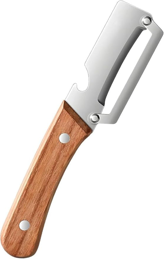 2-in-1 Vegetable Peeler with Wooden Handle, Premium Stainless Steel Peeler with Built-in Bottle Opener, Multifunctional Kitchen Tool for Potato, Apple, Carrot, Pumpkin (1) by GOWEGO