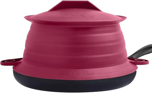 L.I.Q Silicone Splatter Guard – Fits 10 and 12 Inch Pots (25 and 30 Centimeters) – Microwave Safe and Durable SplatterDom - Includes 10” Lid - Food and Oil Splash Guard (Bordeaux, Large)