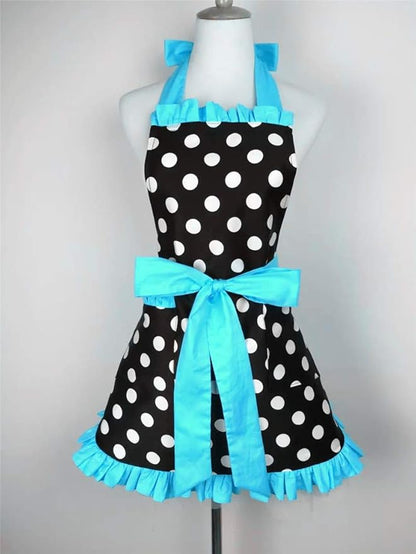 Hyzrz Cute Apron Retro Black Polka Dot Retro Ruffle Side Vintage Cooking Aprons with Pockets for Women Girls (Side Blue)