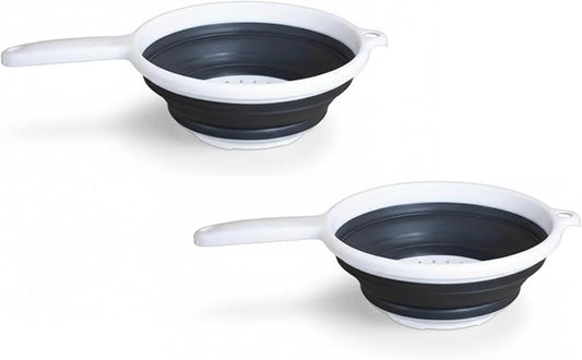 Handy Housewares 8" Round Space Saving Collapsible Silicone Kitchen Colander Food Strainer with Handle - White (2 Pack)