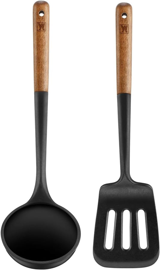 WAGENSTEIGER Set of 2pc Silicone Cooking Utensils: Wooden Handle Slotted Spatula + Cooking Ladle, Heat Resistant Cooking Utensil, BPA Free, Protects Surfaces with Gentle Head Design