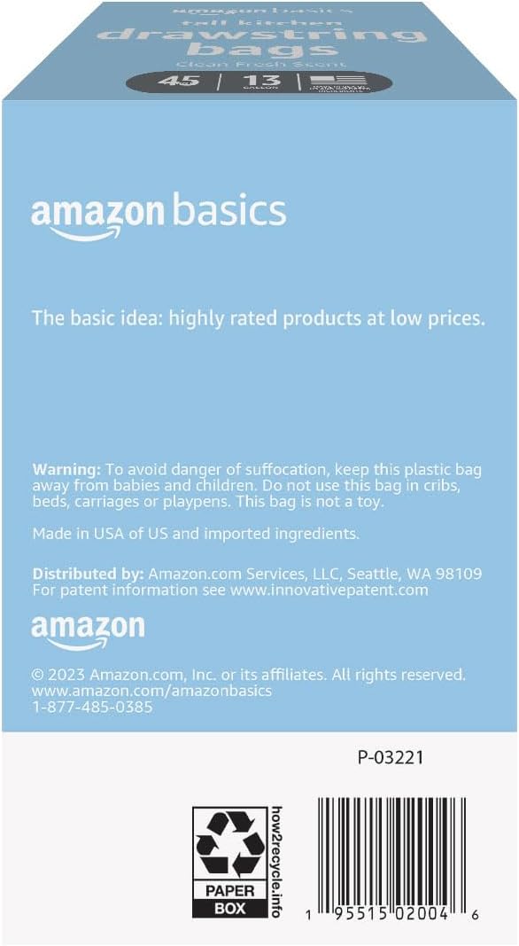 Amazon Basics Tall Kitchen Drawstring Trash Bags, Clean Fresh Scent, 13 Gallon, 45 Count (Previously Solimo) - Image 2