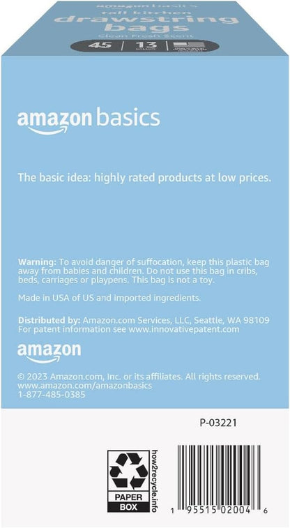 Amazon Basics Tall Kitchen Drawstring Trash Bags, Clean Fresh Scent, 13 Gallon, 45 Count (Previously Solimo) - Image 2