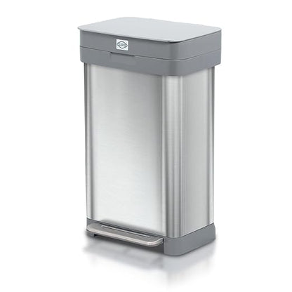 Clorox 13 Gallon Trash Can - 50L Kitchen Trash Can with Wide Step Pedal - Rectangular Stainless Steel Garbage Bin with Hinged Rim and Odor Protection by Clorox