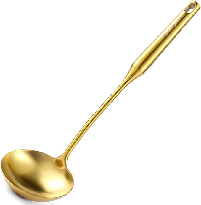 Gold Soup Ladle and Spaghetti Spoon Set - 18/10 Stainless Steel Soup Spoon，Pasta Strainer, 13.8" Kitchen Utensils for Cooking，Stirring, Serving Pasta, Soup & Sauce, Christmas Gifts - Image 7