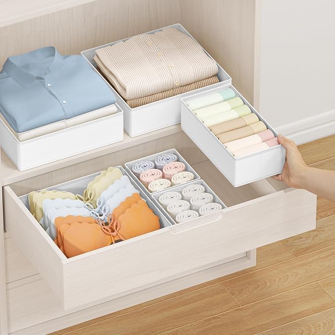DIMJ Drawer Organizer Clothes, 14 Pack Dresser Organizer, Foldable Closet Organizers and Storage, Fabric Dresser Bins, Drawer Dividers for Nursery, Baby Clothes, Underwears, Sock (White) - Image 3
