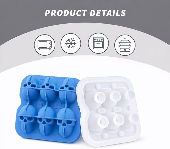 Skull Ice Cube Mold, 6-Cavity Silicone Ice Tray for Whiskey, Cocktails, and Beverages, Food-Grade Flexible Ice Maker for Halloween & Party Drinks, Easy Release & Dishwasher Safe (Blue)