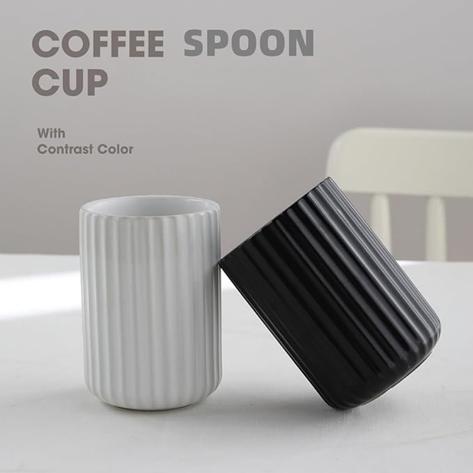 TOPYOKK Stoneware Coffee Bar Utensil Holder Tea & Coffee Spoon & Stirrer Holder for Stir Stick Straw Teaspoon Holder Spoon Cup Small Utensil Jar Fluted Vertical Stripe (Pure White) - Image 6