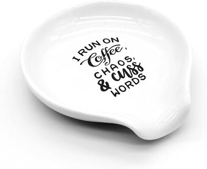 Funny Coffee Spoon Holder-Coffee Spoon Rest-Cafe Bar Station Accessories-I Run On Coffee Chaos And Cuss Words Sign