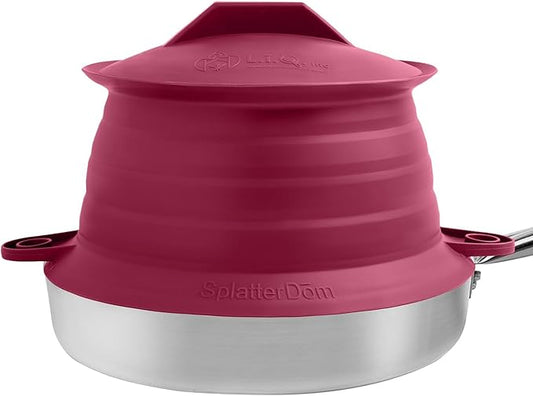 L.I.Q Silicone Splatter Guard – Fits 8 and 10 Inch Pots (20 and 25 Centimeters) – Microwave Safe and Durable SplatterDom - Includes 8” Lid - Food and Oil Splash Guard (Bordeaux, Small)