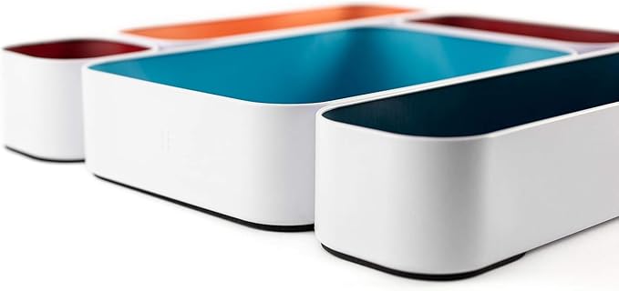 Three by Three Seattle 5 Piece Metal Organizer Tray Set for Storing Makeup, Stationery, Utensils, and More in Office Desk, Kitchen and Bathroom Drawers (2 Inch, Assorted Blue Berry and Sunset) - Image 3