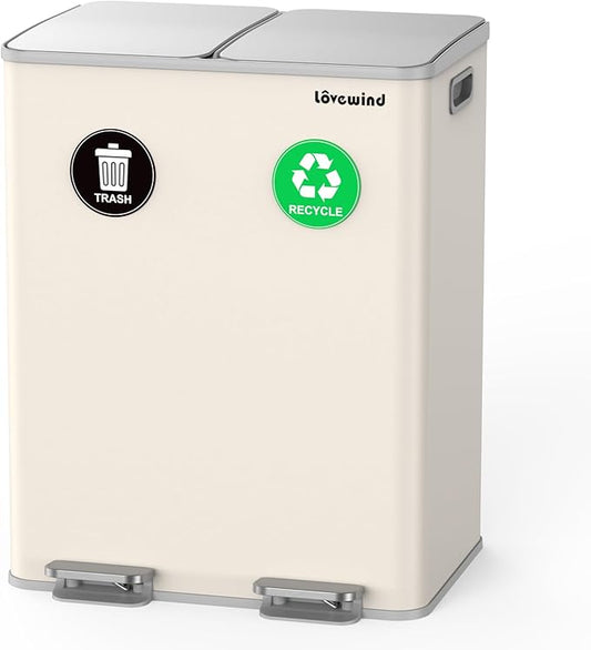 Lovewind Kitchen Trash Can, 2 x 8 Gallon (2 x 30 L) Stainless Steel Trash and Recycle Bin Combo with Soft-Close Lid, Dual Compartment Recycling Kitchen Step Trash Bin, Apricot by LOVEWIND