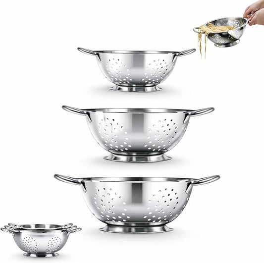 Amco 3-Piece Stainless Steel Colander Set - Multiple Sizes - 1.5, 3, 5 Quart - Durable, Professional Grade Design with Handles for Easy Transfer - Ideal Kitchen Strainer for Cooking & Washing