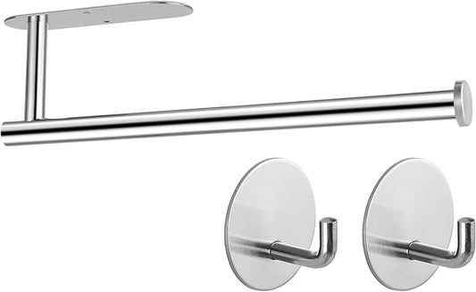 Paper Towel Holder with 2 Hooks-Under Cabinet Paper Towel Holder for Kitchen, Self-Adhesive or Screws, Space Saving Wall Mounted Kitchen Roll Holder, Bathroom, Stainless Steel Chrome