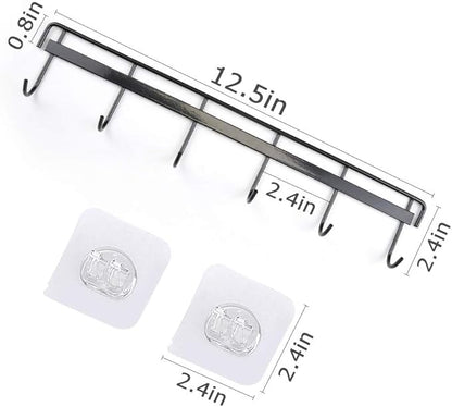 YiZhi Adhesive Wall Hooks Rack Kitchen Rail, Space Saving Utensil Holder No Drilling Wall Mounted Accessory Hanger with 6 Hooks for Kitchen Bathroom Bedroom Pack of 2 (Black)