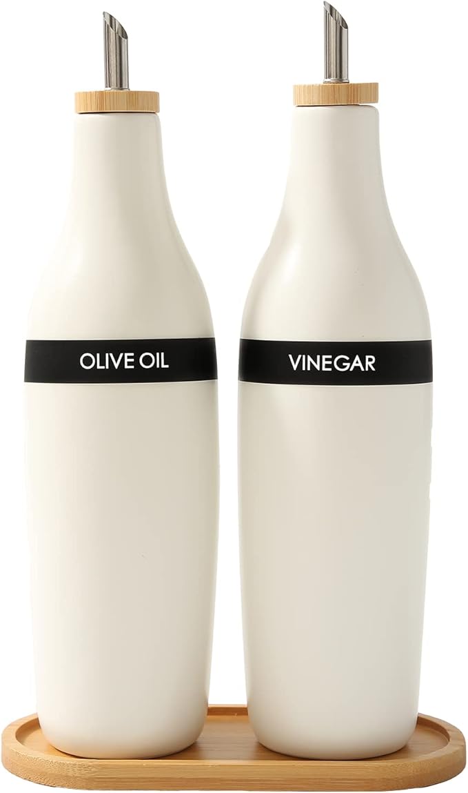 HOMCDALY Olive Oil and Vinegar Dispenser Set, Two 16oz Ceramic Oil Dispenser for Kitchen, Kitchen Dispenser Bottle for EVOO Vinegar Syrups, Modern Farmhouse Design| Set of 2 – white by HOME