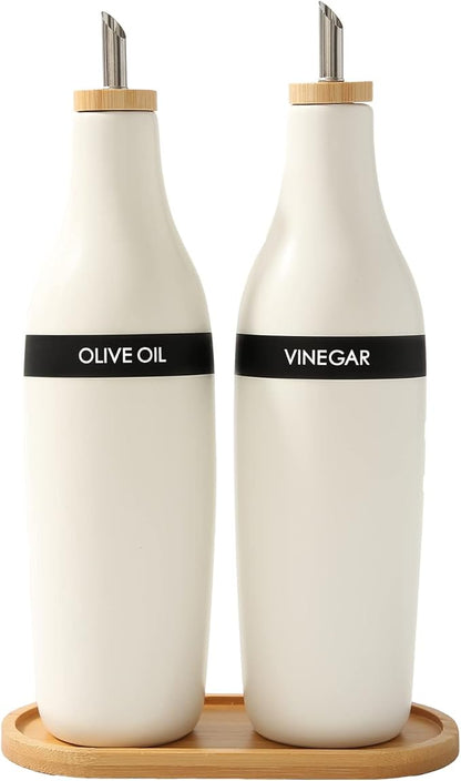 HOMCDALY Olive Oil and Vinegar Dispenser Set, Two 16oz Ceramic Oil Dispenser for Kitchen, Kitchen Dispenser Bottle for EVOO Vinegar Syrups, Modern Farmhouse Design| Set of 2 – white by HOME