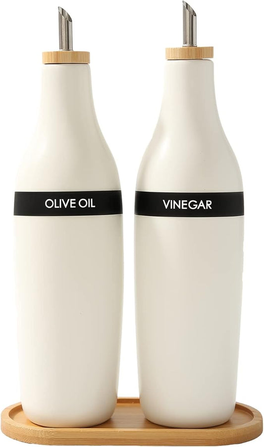 HOMCDALY Olive Oil and Vinegar Dispenser Set, Two 16oz Ceramic Oil Dispenser for Kitchen, Kitchen Dispenser Bottle for EVOO Vinegar Syrups, Modern Farmhouse Design| Set of 2 – white by HOME