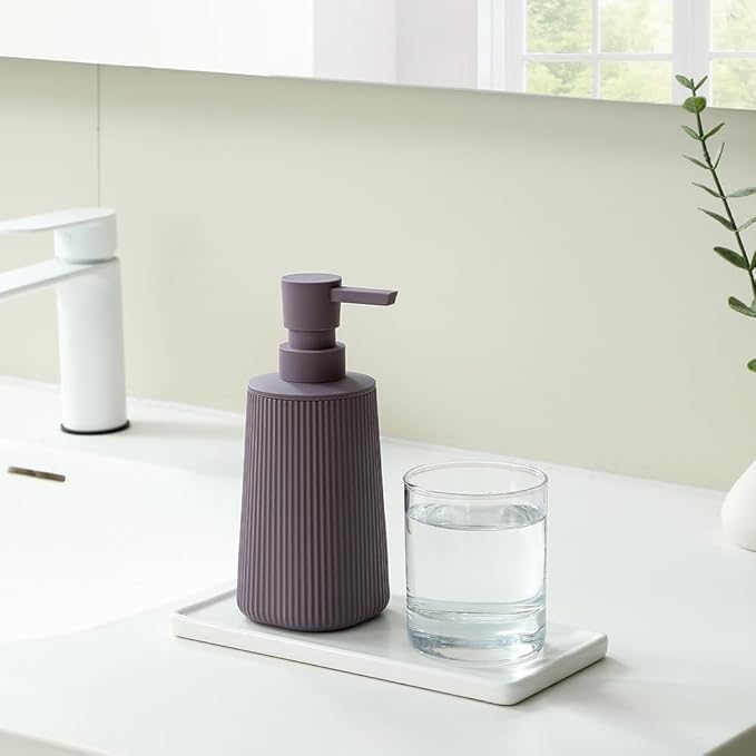 Small Soap Dispenser for Bathroom and Kitchen, Modern Farmhouse Striped Style Plastic Hand Soap Dish Soap Dispenser with Pump Matte Purple - Image 2