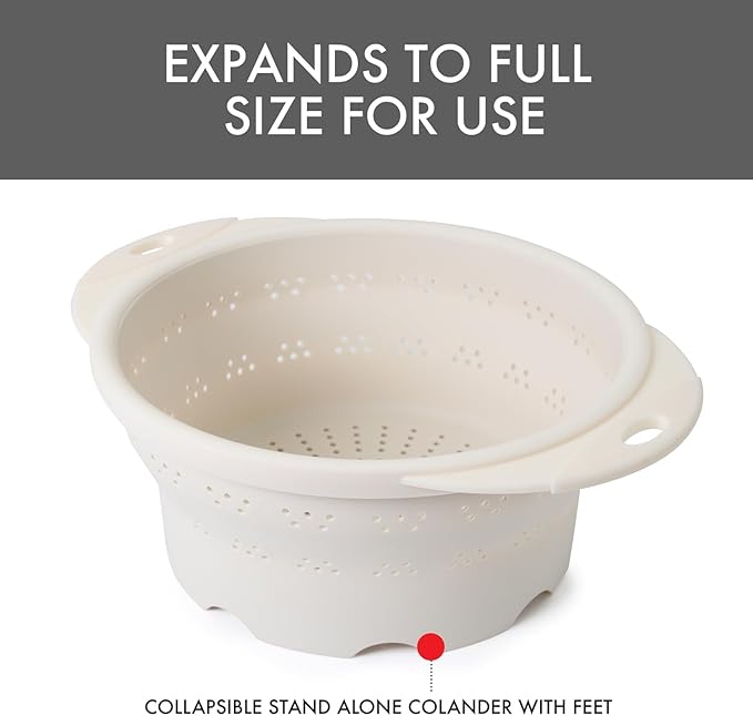Dexas 10" Collapsible Silicone Colander in Cream, Kitchen Strainer with Handles, 15.1 Cup Capacity | BPA-Free, Heat-Resistant, Space-Saving Kitchen Tool - Image 5