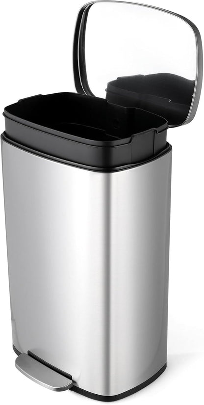 13.2 Gal Kitchen Trash Can, 50L Recycling or Garbage Bin, Brushed Stainless Steel Waste Basket, Soft&Quiet Close Dustbin, with Step-On Pedal, Removable Inner Bucket, for Home, Office, Living Room