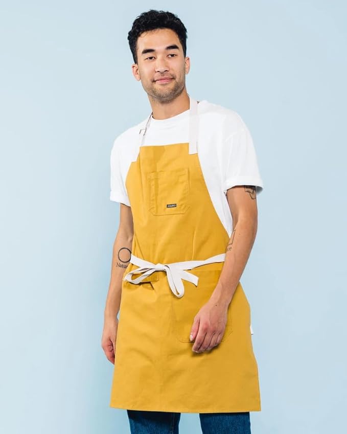 Caldo Daily Cotton Kitchen Apron for Cooking- Mens and Womens Professional Chef or Server Bib Apron - Adjustable Straps with Pockets and Towel Loop (Mustard) - Image 7