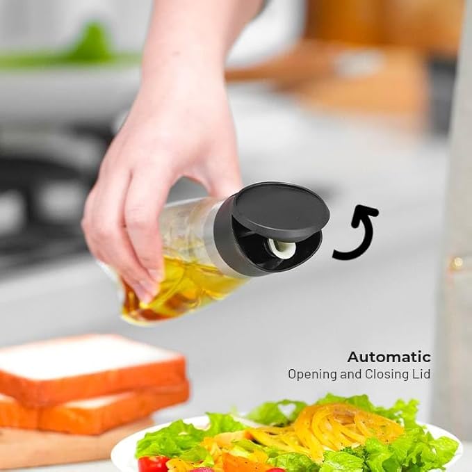 Premium Glass Olive Oil and Vinegar Dispenser Bottles Set, 2-Piece 11oz Kitchen Cooking Cruet with Auto-Open Lid, Non-Drip Pouring Spout, Oil Infuser Filter, Dishwasher Safe