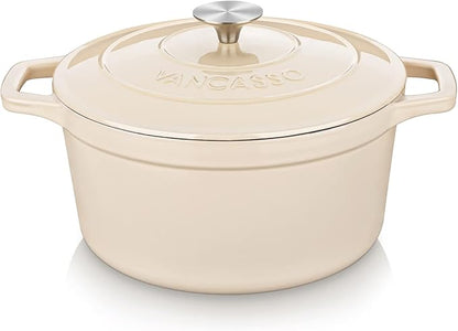 vancasso Cast Iron Dutch Oven, 6 QT Round Pot with Lid and Dual Handles, Non Stick Enamel Coating for Bread Baking, White