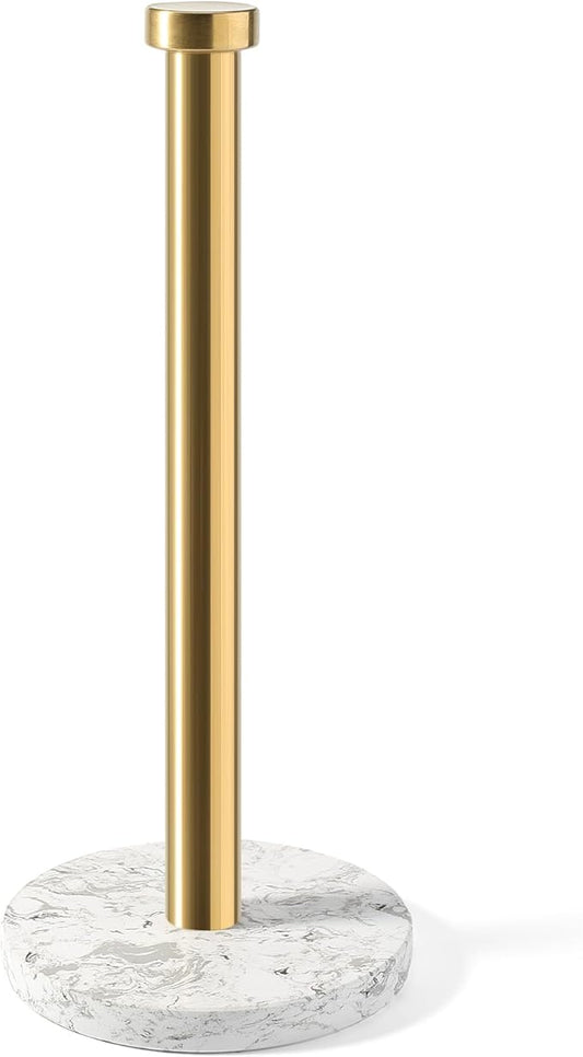 Koville Paper Towel Holder Countertop, Marble and Brass Standing Paper Roll Holder, Heavy Stone Paper Towel Holder with 6" Weighted Marble Base for Kitchen Bathroom(Arabescato Argento)