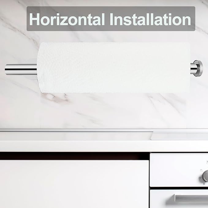 Paper Towel Holder with 2 Hooks-Under Cabinet Paper Towel Holder for Kitchen, Self-Adhesive or Screws, Space Saving Wall Mounted Kitchen Roll Holder, Bathroom, Stainless Steel Chrome