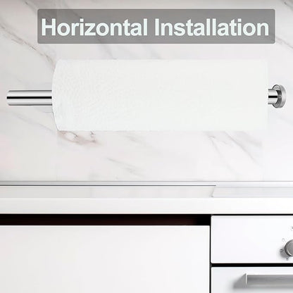 Paper Towel Holder with 2 Hooks-Under Cabinet Paper Towel Holder for Kitchen, Self-Adhesive or Screws, Space Saving Wall Mounted Kitchen Roll Holder, Bathroom, Stainless Steel Chrome
