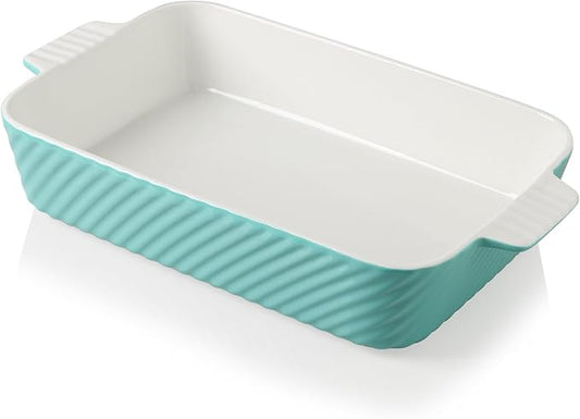 Sweejar Ceramic 13 x 9 Baking Pan, Cake Baking Dish for Brownie, Porcelain Striped Casserole Dishes for Oven with Handle for Lasagna, Family Dinner(Turquoise) by Sweejarco1949