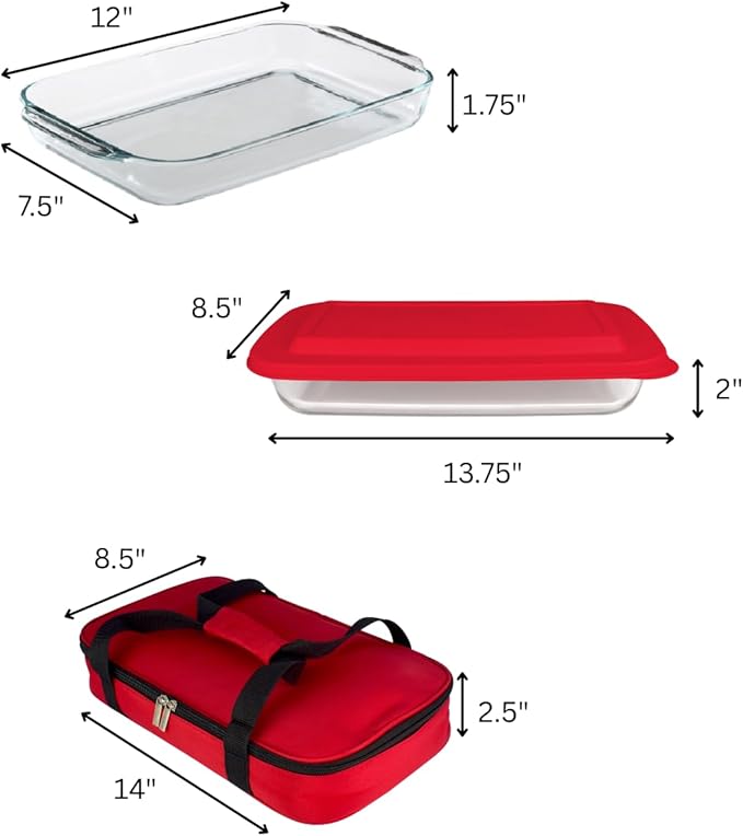 HW1236 Glass Casserole with Insulated Bag, Ideal for Picnic, Potluck, Hiking & Beach Trip-Retains Hot and Cold Temperature of Food, Overall12 "x 7.5"x2 "- Red