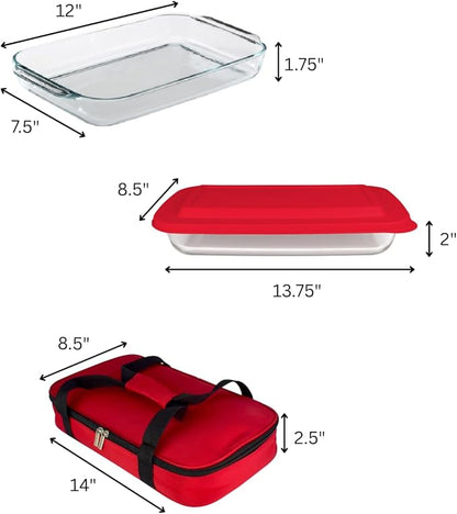 HW1236 Glass Casserole with Insulated Bag, Ideal for Picnic, Potluck, Hiking & Beach Trip-Retains Hot and Cold Temperature of Food, Overall12 "x 7.5"x2 "- Red