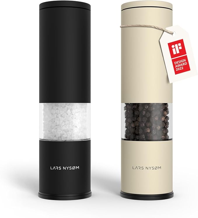 LARS NYSØM Salt and Pepper Grinder Set Manual, Stainless Steel Salt and Pepper Mills with Adjustable Ceramic Grinder I Design Spice Shakers (Black/Beige) by LN